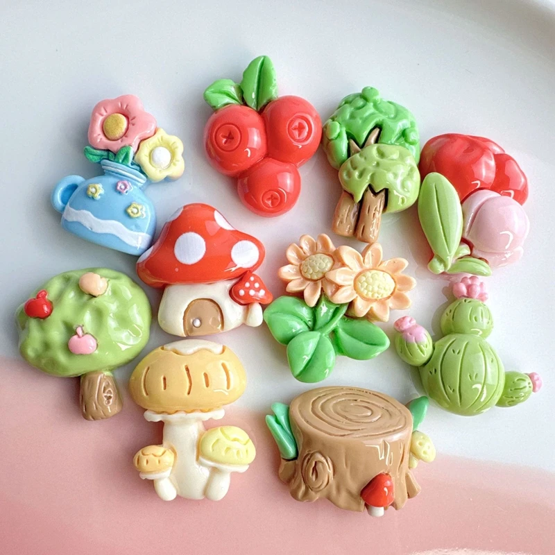 10Pcs New Cute Fruit Trees, Mushrooms, Flowers Series Resin Flatback Ornament Jewelry Making Manicure Hairwear Accessorie 10Pcs New Cute Fruit Trees, Mushrooms, Flowers Series Resin Flatback Ornament Jewelry Making Manicure Hairwear Accessorie