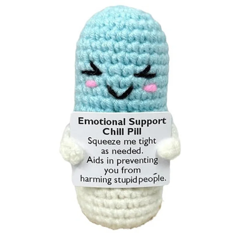 Funny Crochet Positive Energy Chill Pill Doll with Card Home Room Decoration Handmade Knitted Chill Pill Ornament Christmas Gift