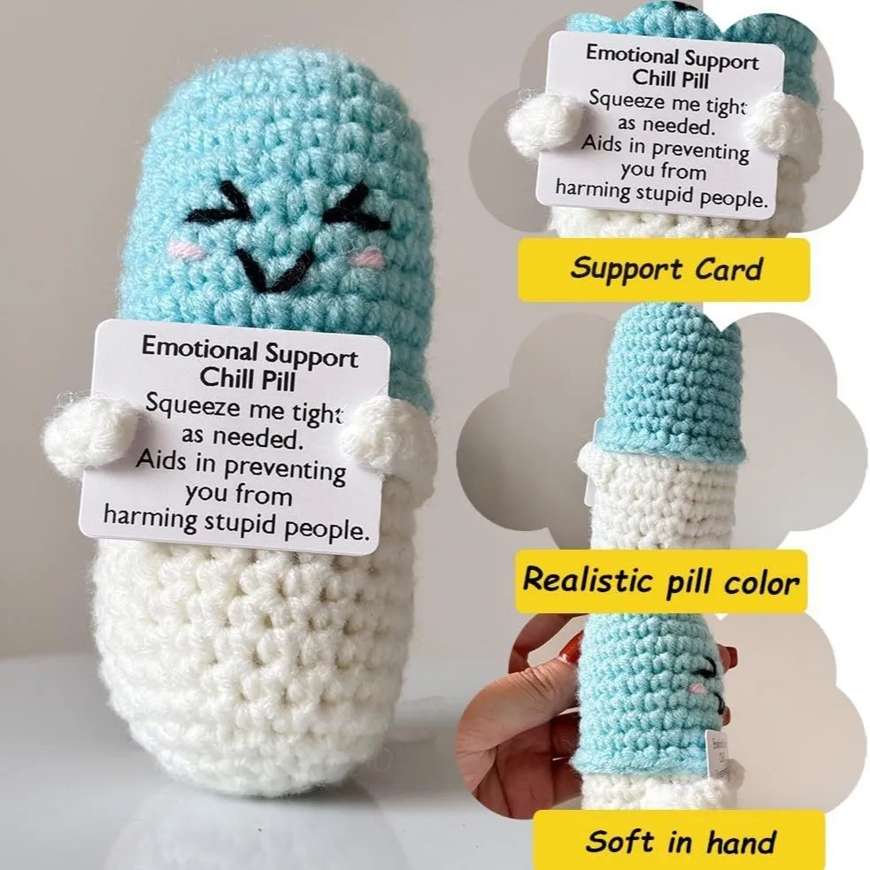 Funny Crochet Positive Energy Chill Pill Doll with Card Home Room Decoration Handmade Knitted Chill Pill Ornament Christmas Gift
