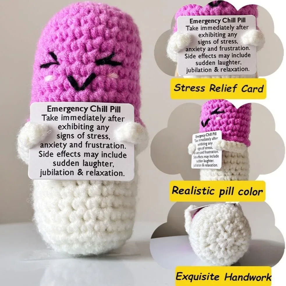 Funny Crochet Positive Energy Chill Pill Doll with Card Home Room Decoration Handmade Knitted Chill Pill Ornament Christmas Gift