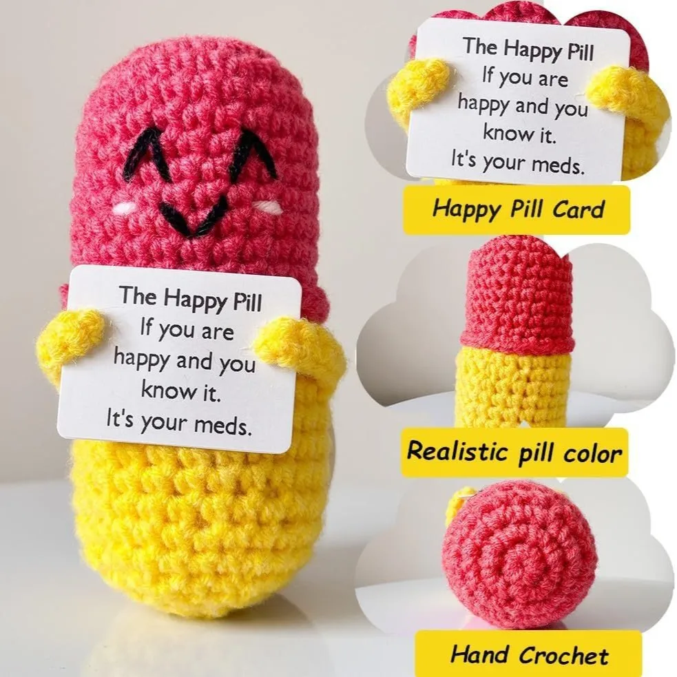 Funny Crochet Positive Energy Chill Pill Doll with Card Home Room Decoration Handmade Knitted Chill Pill Ornament Christmas Gift