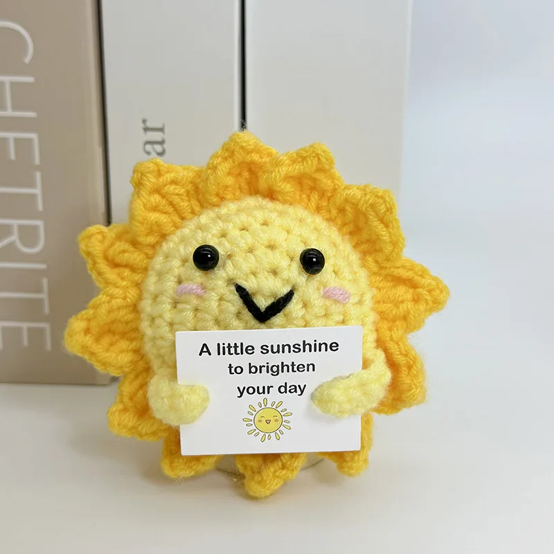Funny Positive Crochet Sunshine Doll Desktop Ornament Handmade Cheer Emotional Support Positive Sun with Card Home Party Decor