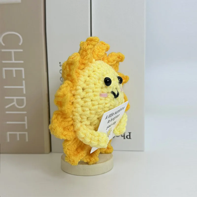 Funny Positive Crochet Sunshine Doll Desktop Ornament Handmade Cheer Emotional Support Positive Sun with Card Home Party Decor