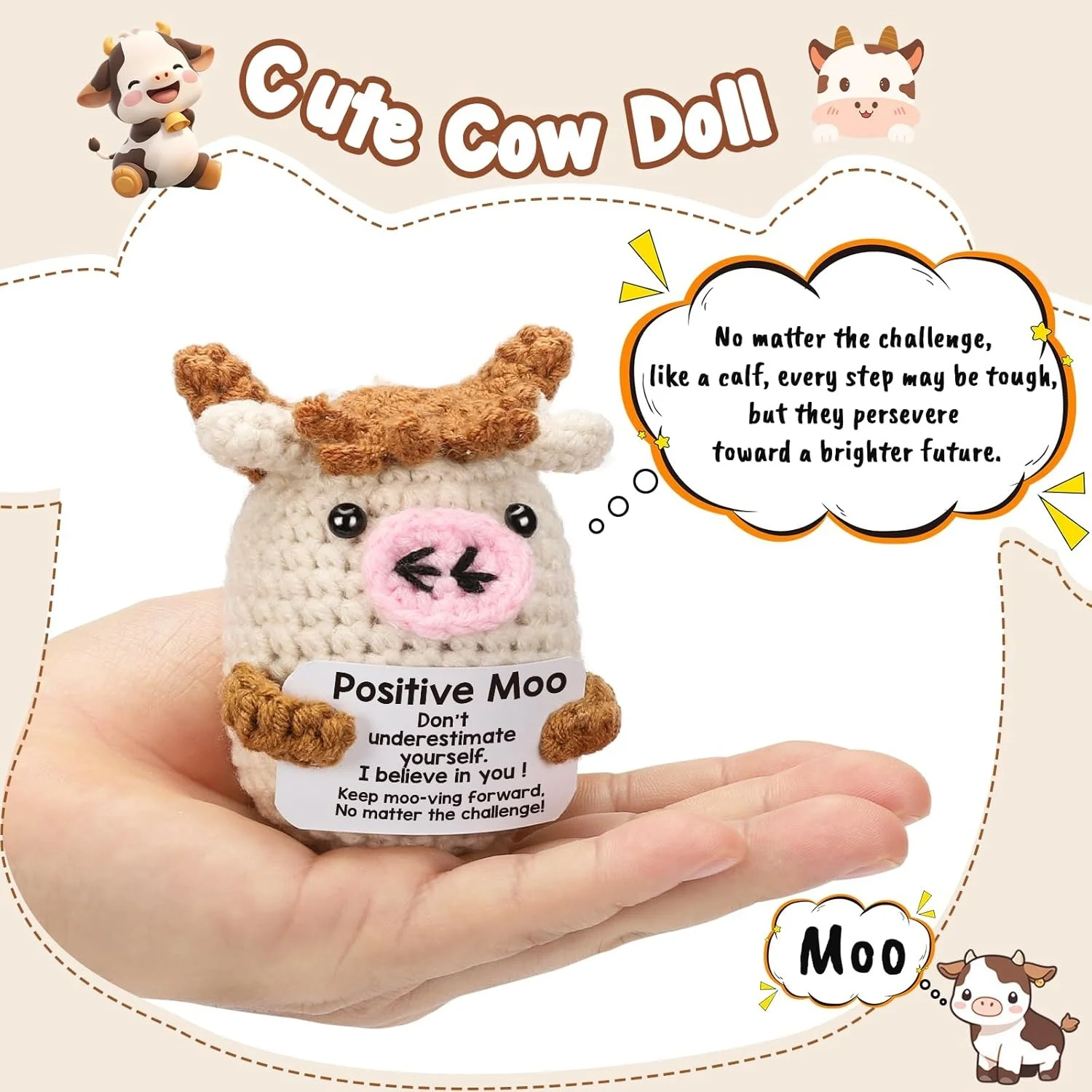 Mini Funny Positive Crochet Cow Gifts - Emotional Inspirational Support Gift for Women Men Coworker Friends Teen Birthday Mother