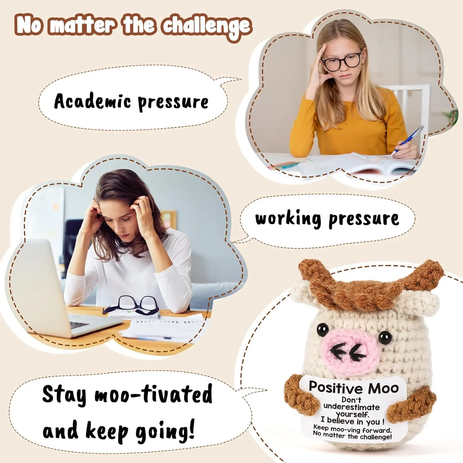 Mini Funny Positive Crochet Cow Gifts - Emotional Inspirational Support Gift for Women Men Coworker Friends Teen Birthday Mother