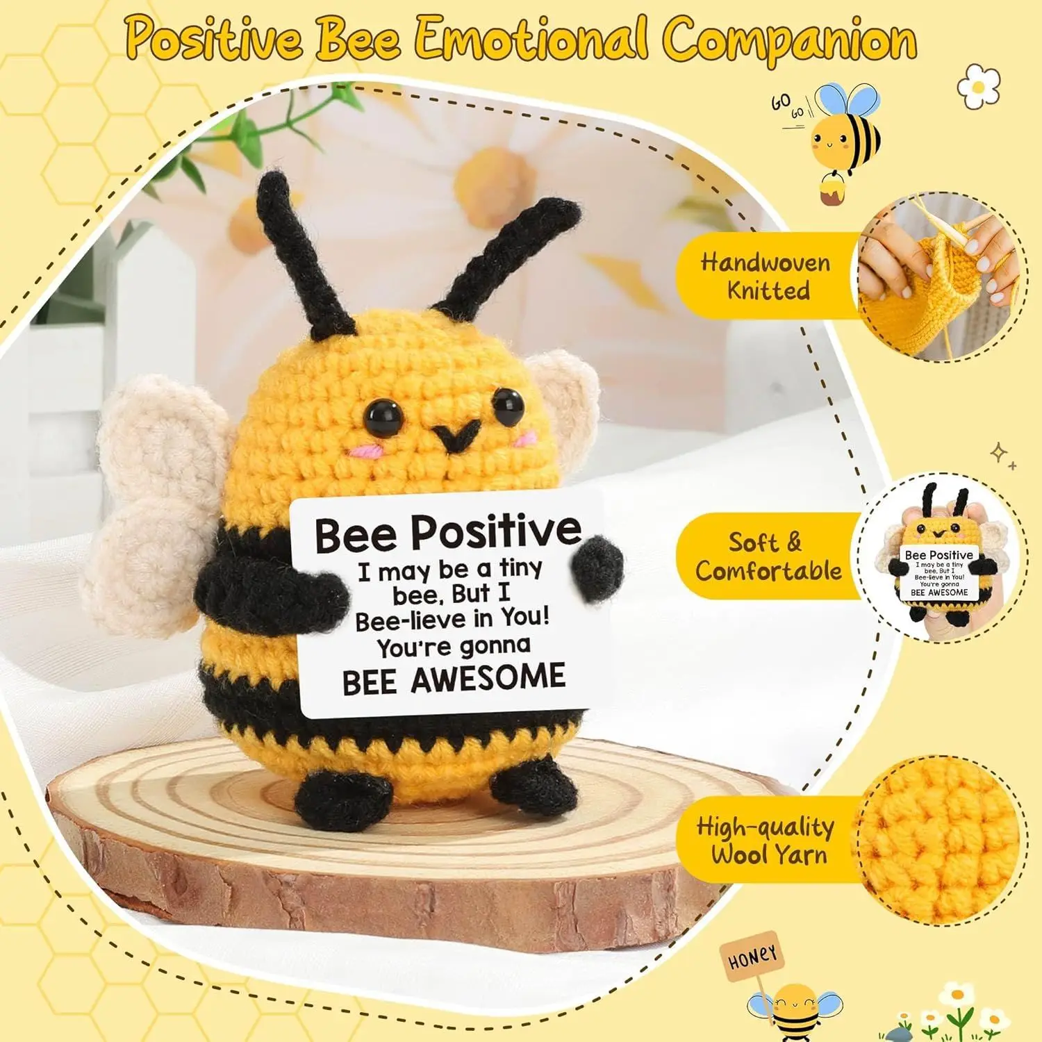 Positive Crochet  Bee Cute Knitted Emotional Animal Potato Ornaments  Birthday Gift for Women Office Home Decor