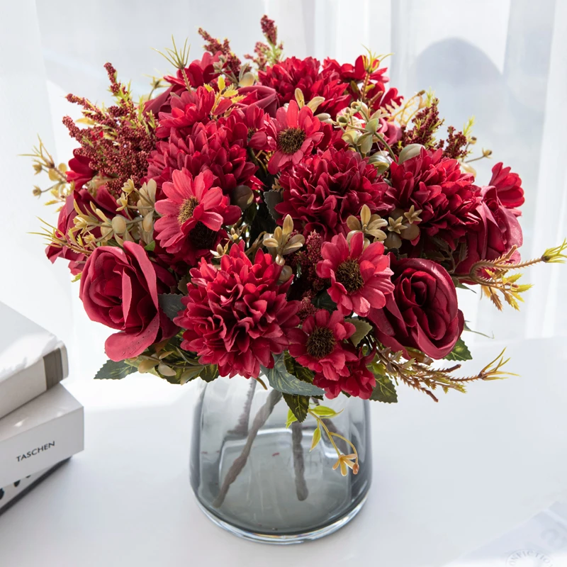 1PC Artificial Flowers Cheap New Year's Decoration Wedding Garden Peony Arch Christmas Home Fake Silk Rose Hydrangeas Vase for