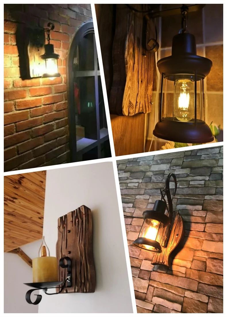 Industrial Wood Wall Lamp Vintage Loft Home Decoration Wall Light Sconces Metal Glass Lampshad For Living Room Bedside Lighting