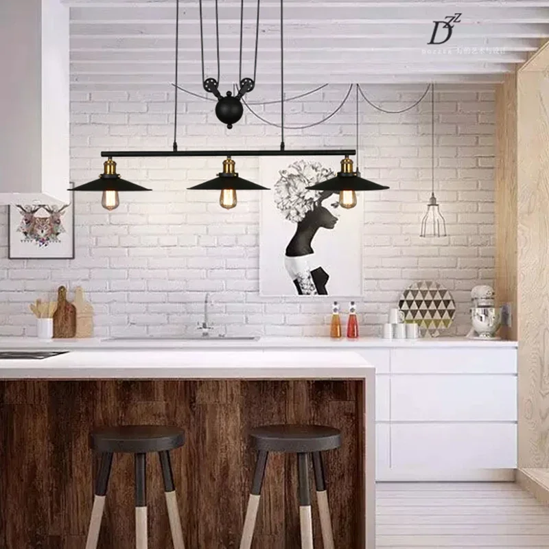 Vintage Industrial Black 3 Heads Pendant Lights 110-240V Iron Pulley Hanging Lamp Bar Indoor Lighting E27 light fixtures Vintage Industrial Black 3 Heads Pendant Lights 110-240V Iron Pulley Hanging Lamp Bar Indoor Lighting E27 light fixtures