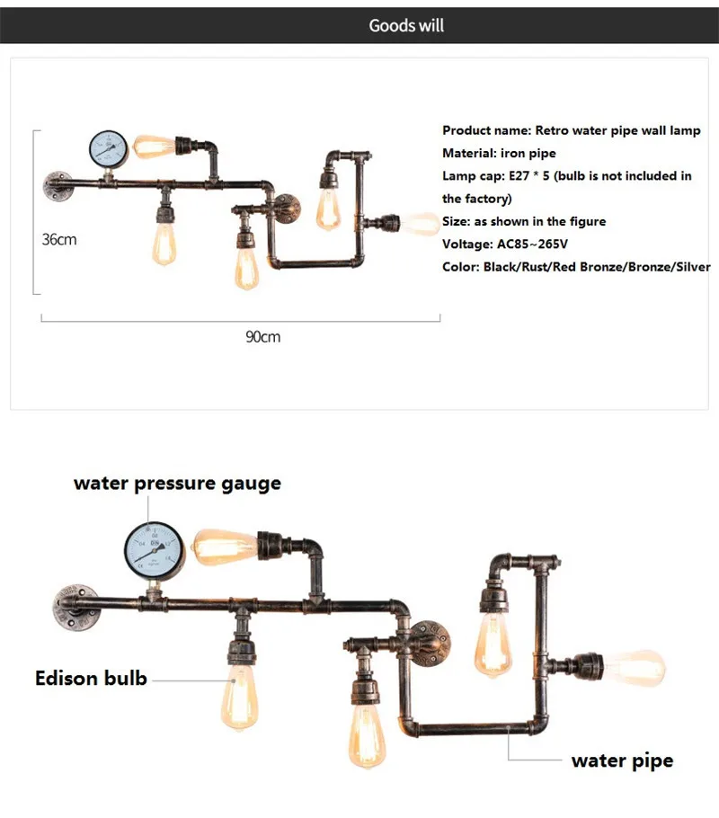 Industrial Water Pipe Wall Light Vintage Metal Loft Sconce For Living Room Restaurant Bar Retro Lamp Home Interior Luminaire