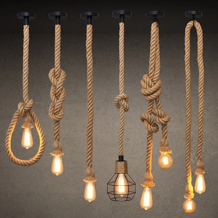 Vintage Hemp Rope American Style Pendant Lights Hand Knitted Reminiscence Bar Pub Industrial Lighting Indoor  Ceiling Lamp E27