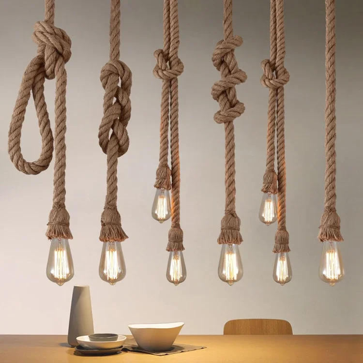 Vintage Hemp Rope American Style Pendant Lights Hand Knitted Reminiscence Bar Pub Industrial Lighting Indoor  Ceiling Lamp E27