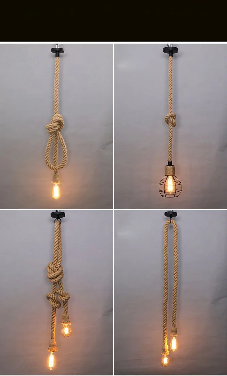 Vintage Hemp Rope American Style Pendant Lights Hand Knitted Reminiscence Bar Pub Industrial Lighting Indoor  Ceiling Lamp E27