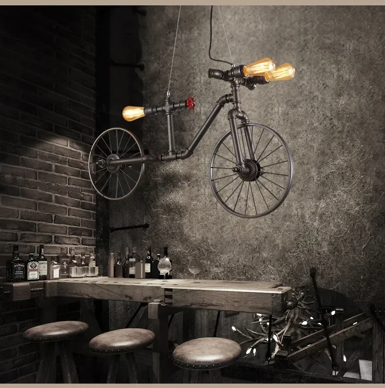 Retro Industrial Pendant Steampunk Lamp Antique Bicycle Loft Hanging Lamp Vintage Water Pipe Wrought Iron Ceiling Lights