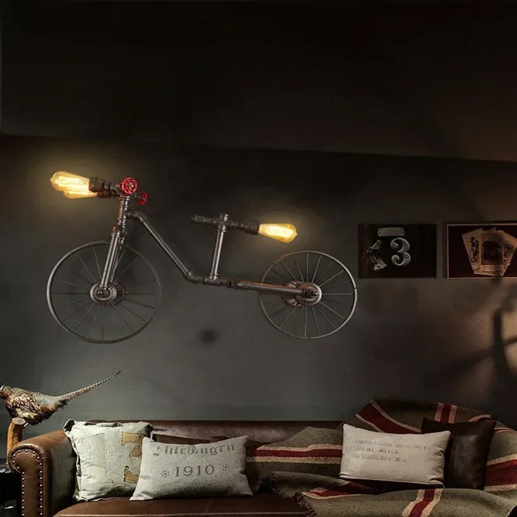 Retro Industrial Pendant Steampunk Lamp Antique Bicycle Loft Hanging Lamp Vintage Water Pipe Wrought Iron Ceiling Lights