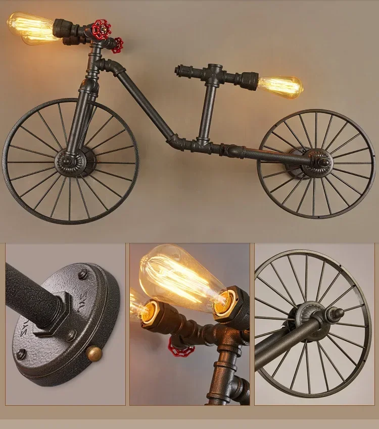 Retro Industrial Pendant Steampunk Lamp Antique Bicycle Loft Hanging Lamp Vintage Water Pipe Wrought Iron Ceiling Lights