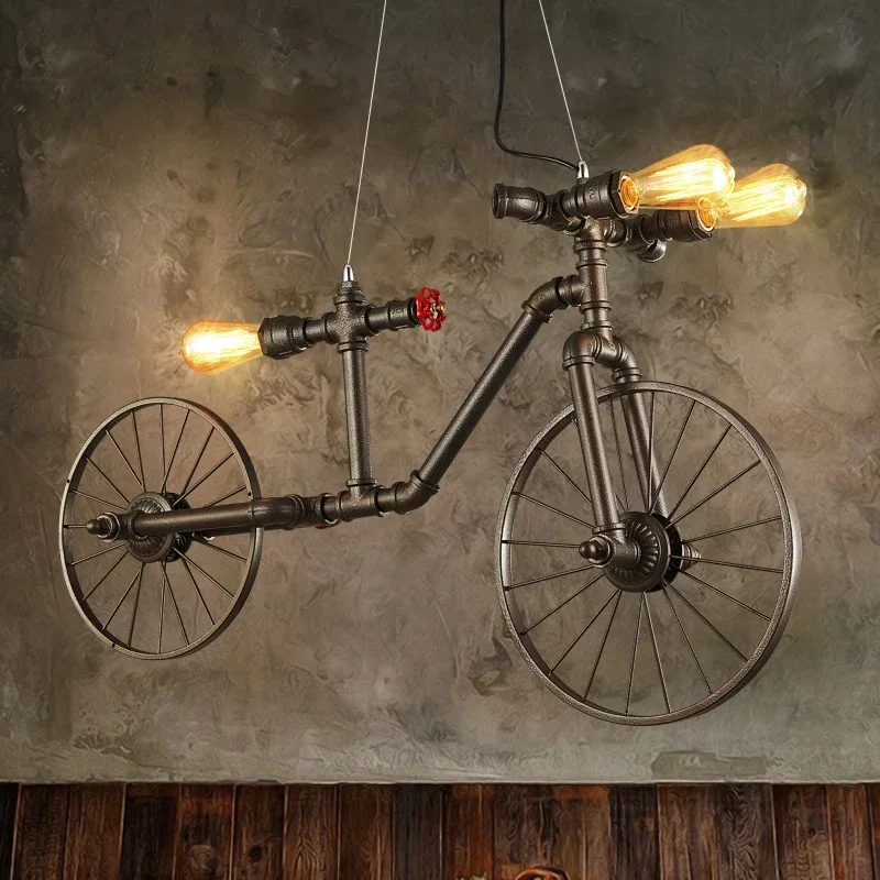 Retro Industrial Pendant Steampunk Lamp Antique Bicycle Loft Hanging Lamp Vintage Water Pipe Wrought Iron Ceiling Lights