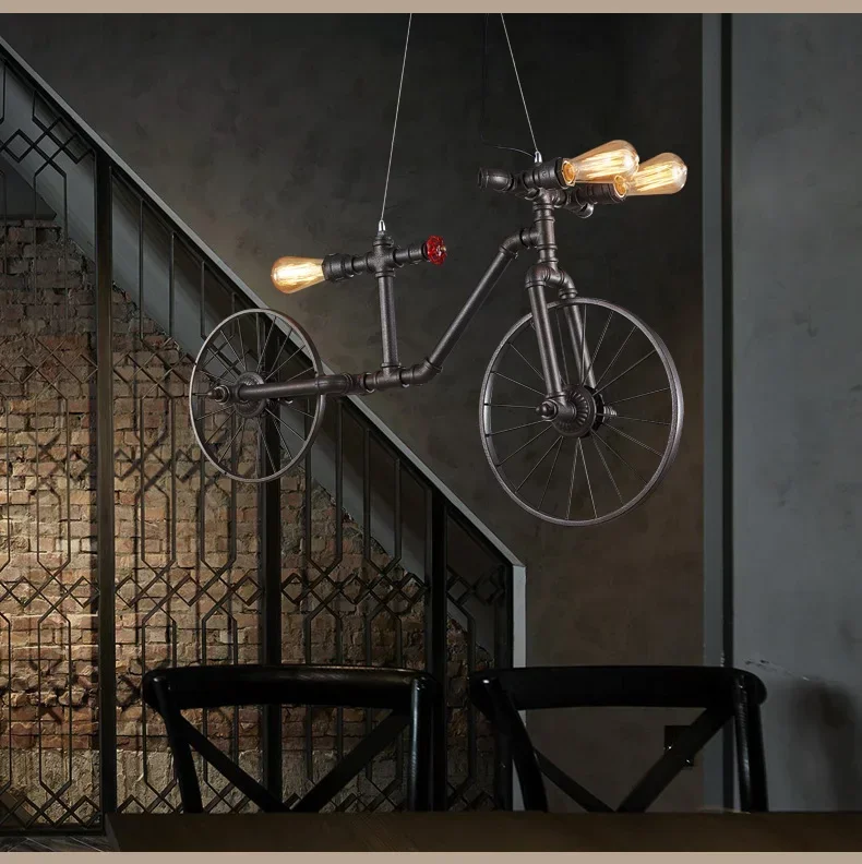 Retro Industrial Pendant Steampunk Lamp Antique Bicycle Loft Hanging Lamp Vintage Water Pipe Wrought Iron Ceiling Lights