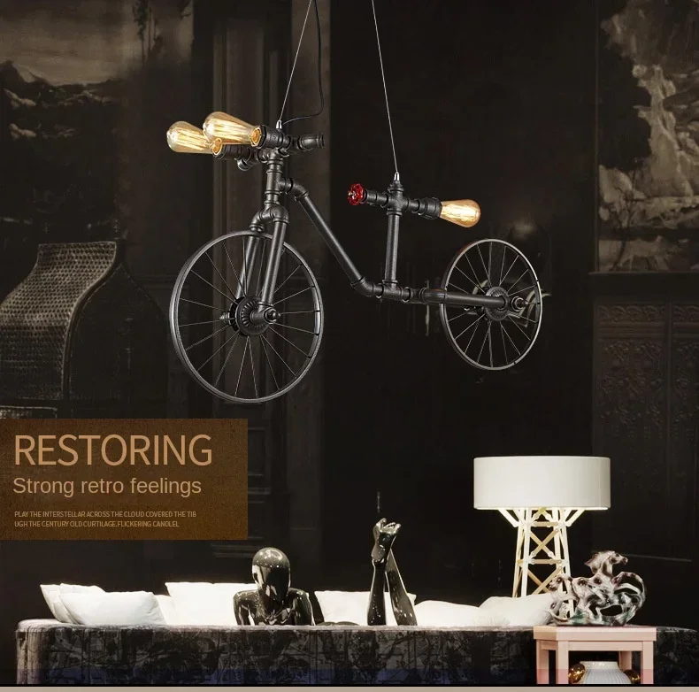 Retro Industrial Pendant Steampunk Lamp Antique Bicycle Loft Hanging Lamp Vintage Water Pipe Wrought Iron Ceiling Lights