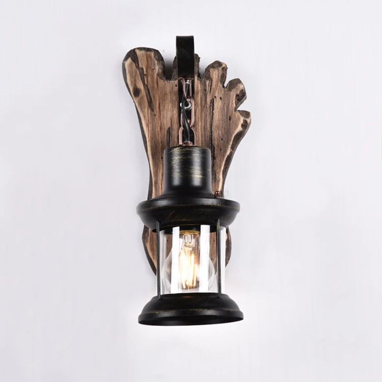 Vintage American Style Wall Lamp Wood Iron Glass Black Bed and Breakfast Hot Pot Restaurant Nostalgia Industrial Style Cafe E27