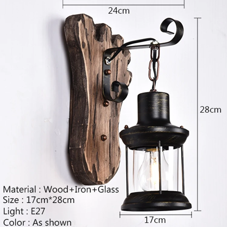 Vintage American Style Wall Lamp Wood Iron Glass Black Bed and Breakfast Hot Pot Restaurant Nostalgia Industrial Style Cafe E27