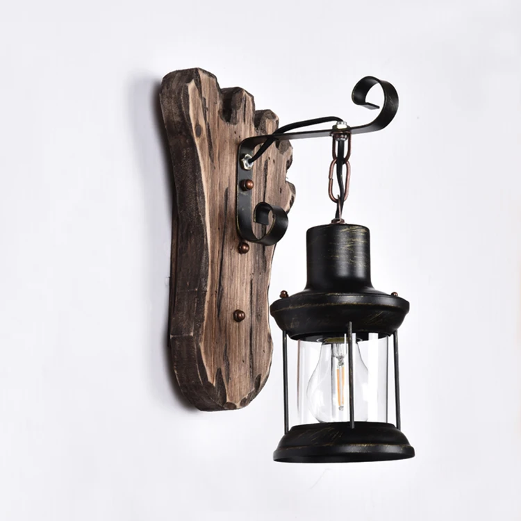 Vintage American Style Wall Lamp Wood Iron Glass Black Bed and Breakfast Hot Pot Restaurant Nostalgia Industrial Style Cafe E27