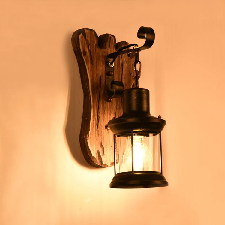Vintage American Style Wall Lamp Wood Iron Glass Black Bed and Breakfast Hot Pot Restaurant Nostalgia Industrial Style Cafe E27