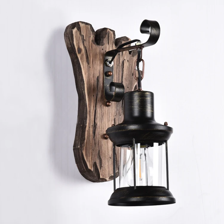 Vintage American Style Wall Lamp Wood Iron Glass Black Bed and Breakfast Hot Pot Restaurant Nostalgia Industrial Style Cafe E27