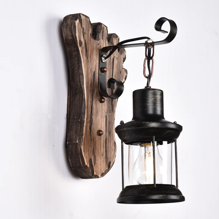 Vintage American Style Wall Lamp Wood Iron Glass Black Bed and Breakfast Hot Pot Restaurant Nostalgia Industrial Style Cafe E27
