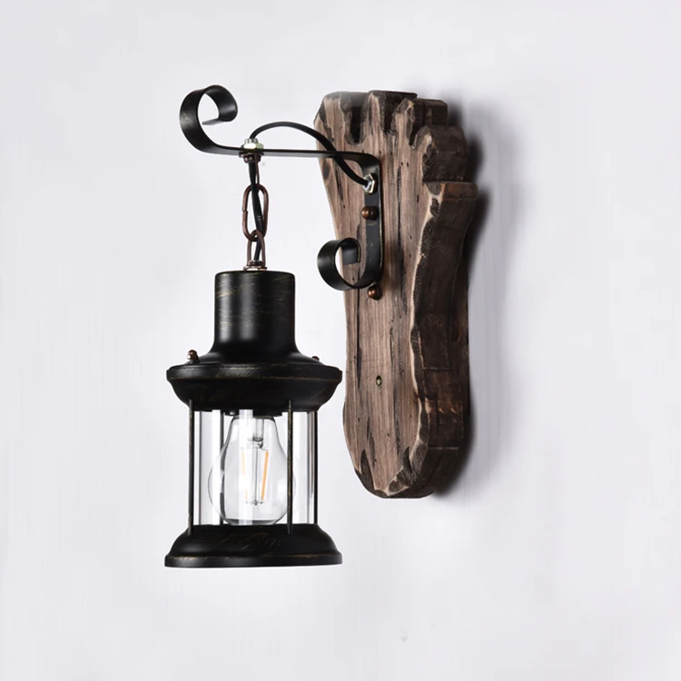 Vintage American Style Wall Lamp Wood Iron Glass Black Bed and Breakfast Hot Pot Restaurant Nostalgia Industrial Style Cafe E27