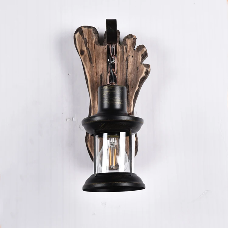 Vintage American Style Wall Lamp Wood Iron Glass Black Bed and Breakfast Hot Pot Restaurant Nostalgia Industrial Style Cafe E27