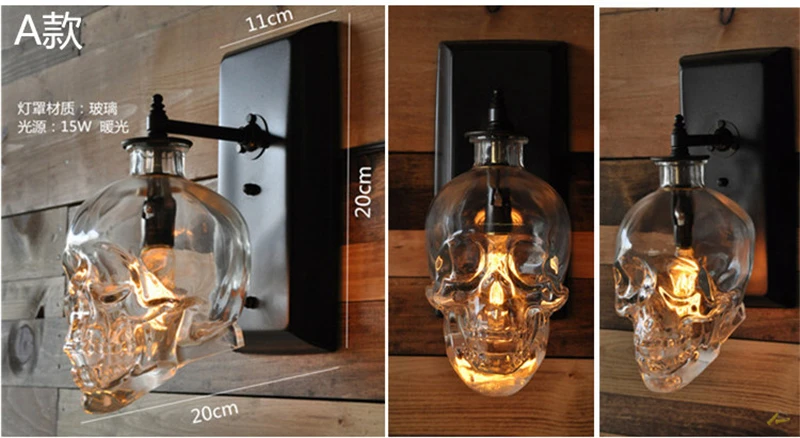 Skull Bones Wall Lamp Retro Loft Sconces Clear Glass Bottle Wall Art Light Fixtures for Dinning Room Bar Industrial Home Decor