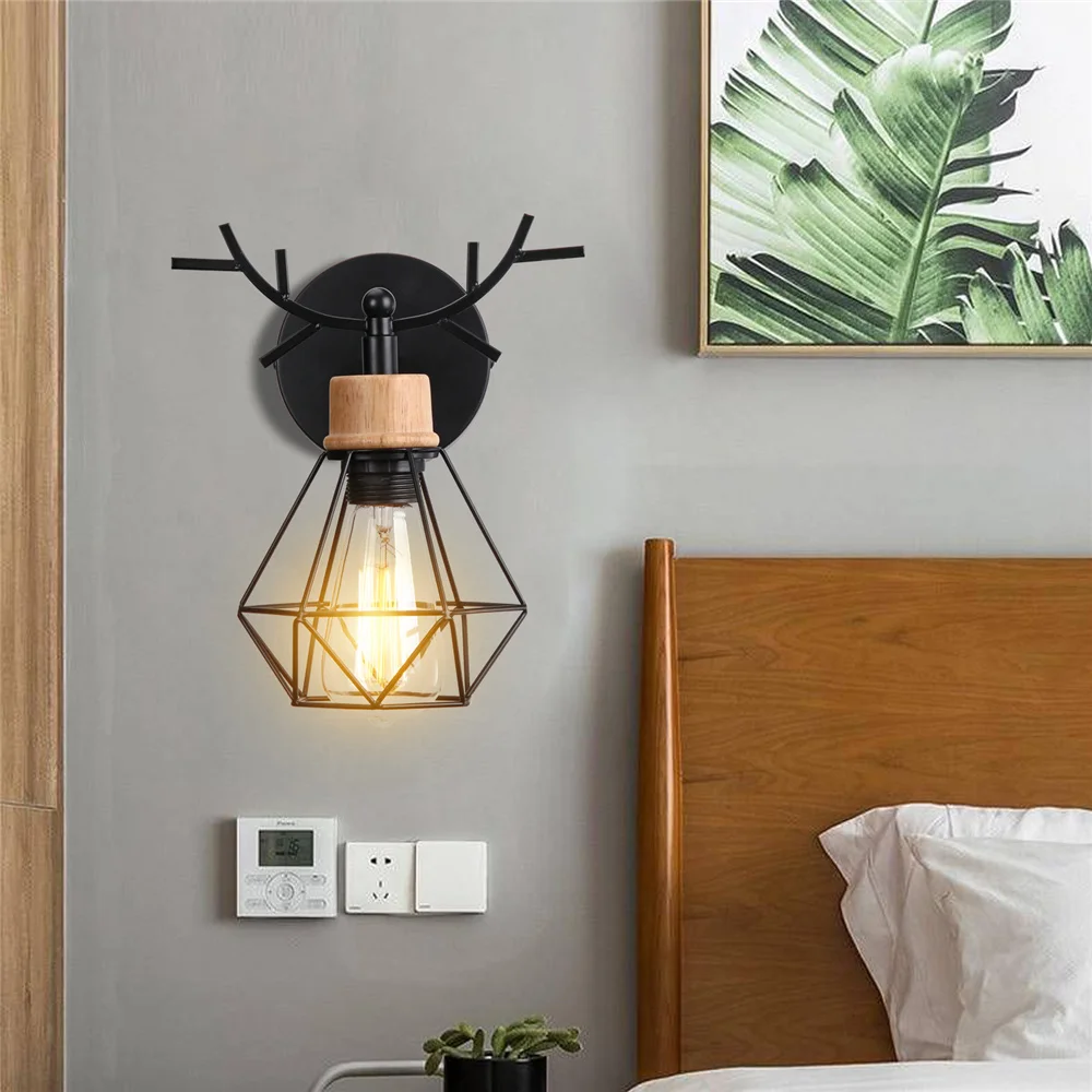 Vintage LED Wall Light Retro Loft Industrial Wall Lamp E27 Wooden Iron Black Cage Lampshade Sconce Indoor Lighting Wandlamp Vintage LED Wall Light Retro Loft Industrial Wall Lamp E27 Wooden Iron Black Cage Lampshade Sconce Indoor Lighting Wandlamp