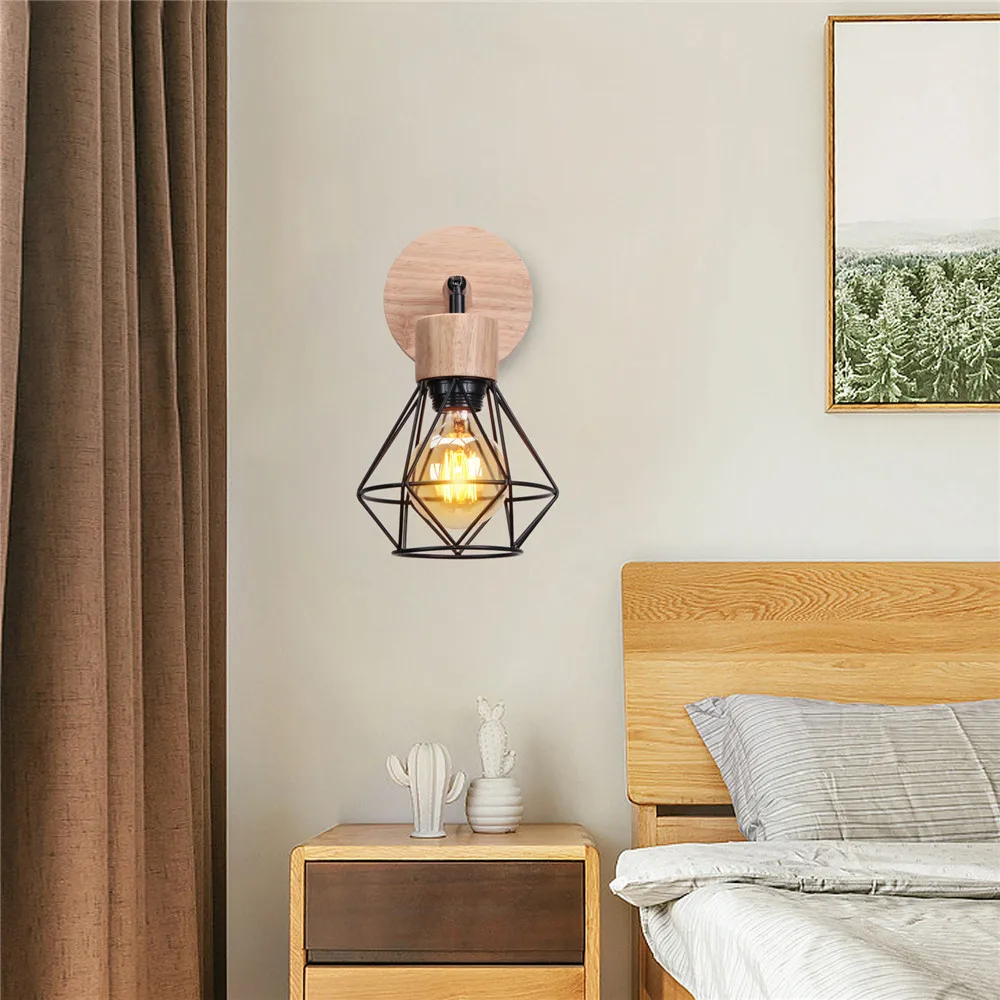 Vintage LED Wall Light Retro Loft Industrial Wall Lamp E27 Wooden Iron Black Cage Lampshade Sconce Indoor Lighting Wandlamp Vintage LED Wall Light Retro Loft Industrial Wall Lamp E27 Wooden Iron Black Cage Lampshade Sconce Indoor Lighting Wandlamp