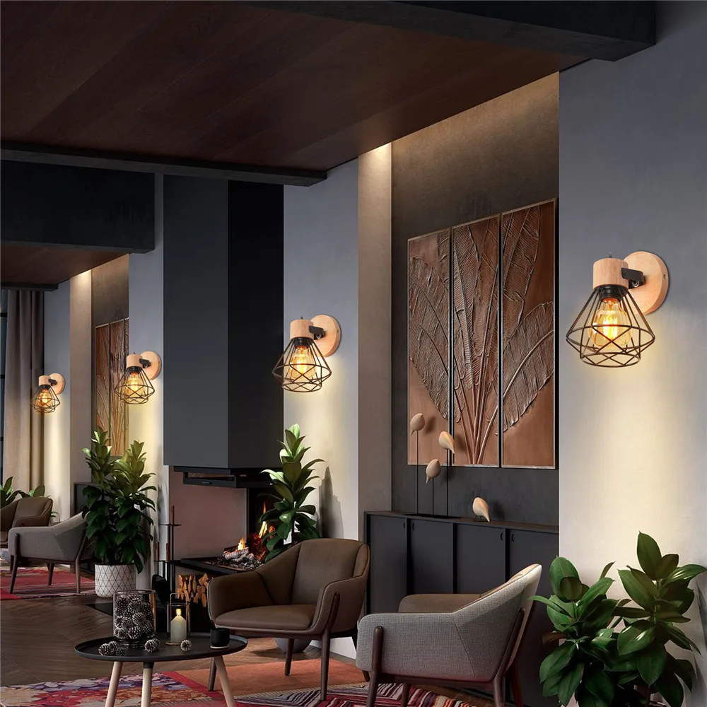Vintage LED Wall Light Retro Loft Industrial Wall Lamp E27 Wooden Iron Black Cage Lampshade Sconce Indoor Lighting Wandlamp Vintage LED Wall Light Retro Loft Industrial Wall Lamp E27 Wooden Iron Black Cage Lampshade Sconce Indoor Lighting Wandlamp