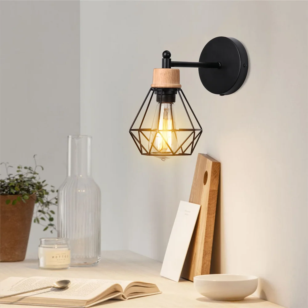 Vintage LED Wall Light Retro Loft Industrial Wall Lamp E27 Wooden Iron Black Cage Lampshade Sconce Indoor Lighting Wandlamp Vintage LED Wall Light Retro Loft Industrial Wall Lamp E27 Wooden Iron Black Cage Lampshade Sconce Indoor Lighting Wandlamp