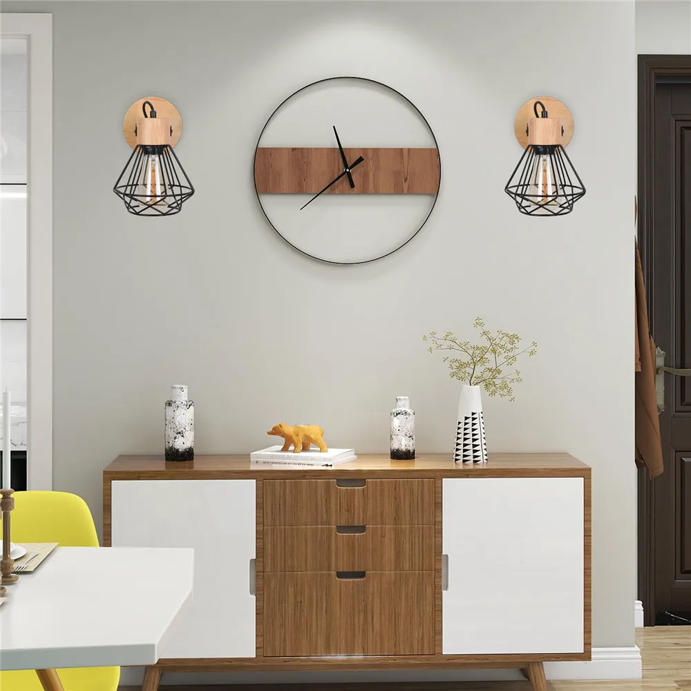 Vintage LED Wall Light Retro Loft Industrial Wall Lamp E27 Wooden Iron Black Cage Lampshade Sconce Indoor Lighting Wandlamp Vintage LED Wall Light Retro Loft Industrial Wall Lamp E27 Wooden Iron Black Cage Lampshade Sconce Indoor Lighting Wandlamp