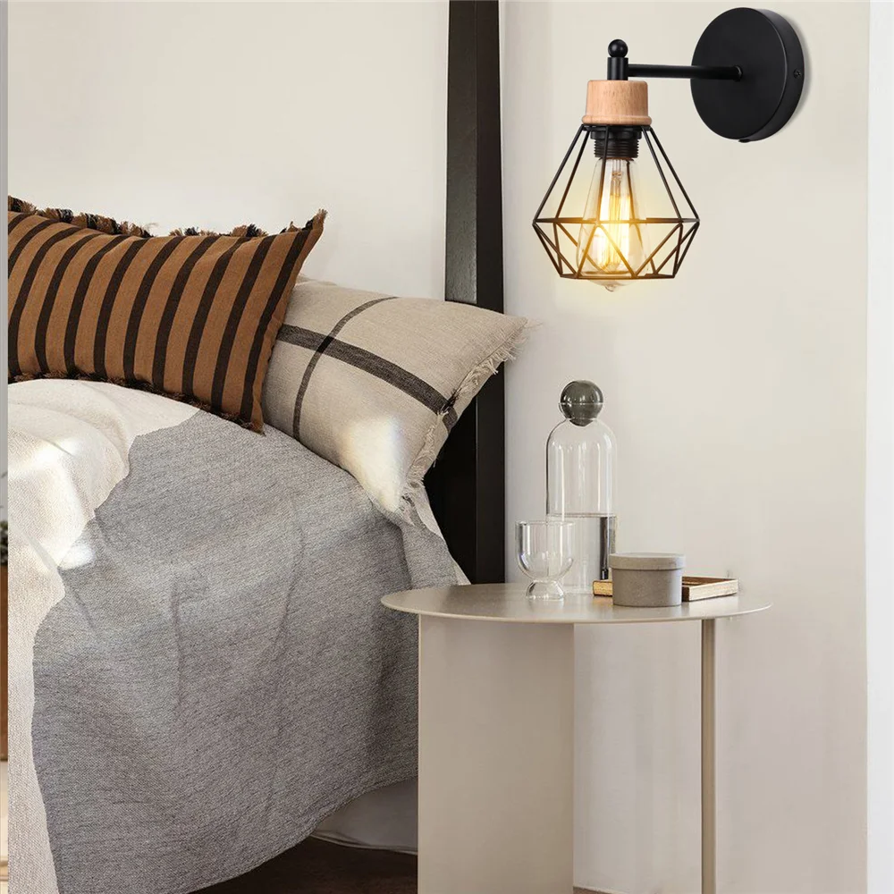 Vintage LED Wall Light Retro Loft Industrial Wall Lamp E27 Wooden Iron Black Cage Lampshade Sconce Indoor Lighting Wandlamp Vintage LED Wall Light Retro Loft Industrial Wall Lamp E27 Wooden Iron Black Cage Lampshade Sconce Indoor Lighting Wandlamp