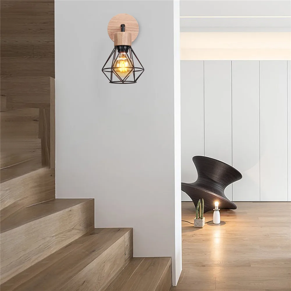 Vintage LED Wall Light Retro Loft Industrial Wall Lamp E27 Wooden Iron Black Cage Lampshade Sconce Indoor Lighting Wandlamp Vintage LED Wall Light Retro Loft Industrial Wall Lamp E27 Wooden Iron Black Cage Lampshade Sconce Indoor Lighting Wandlamp