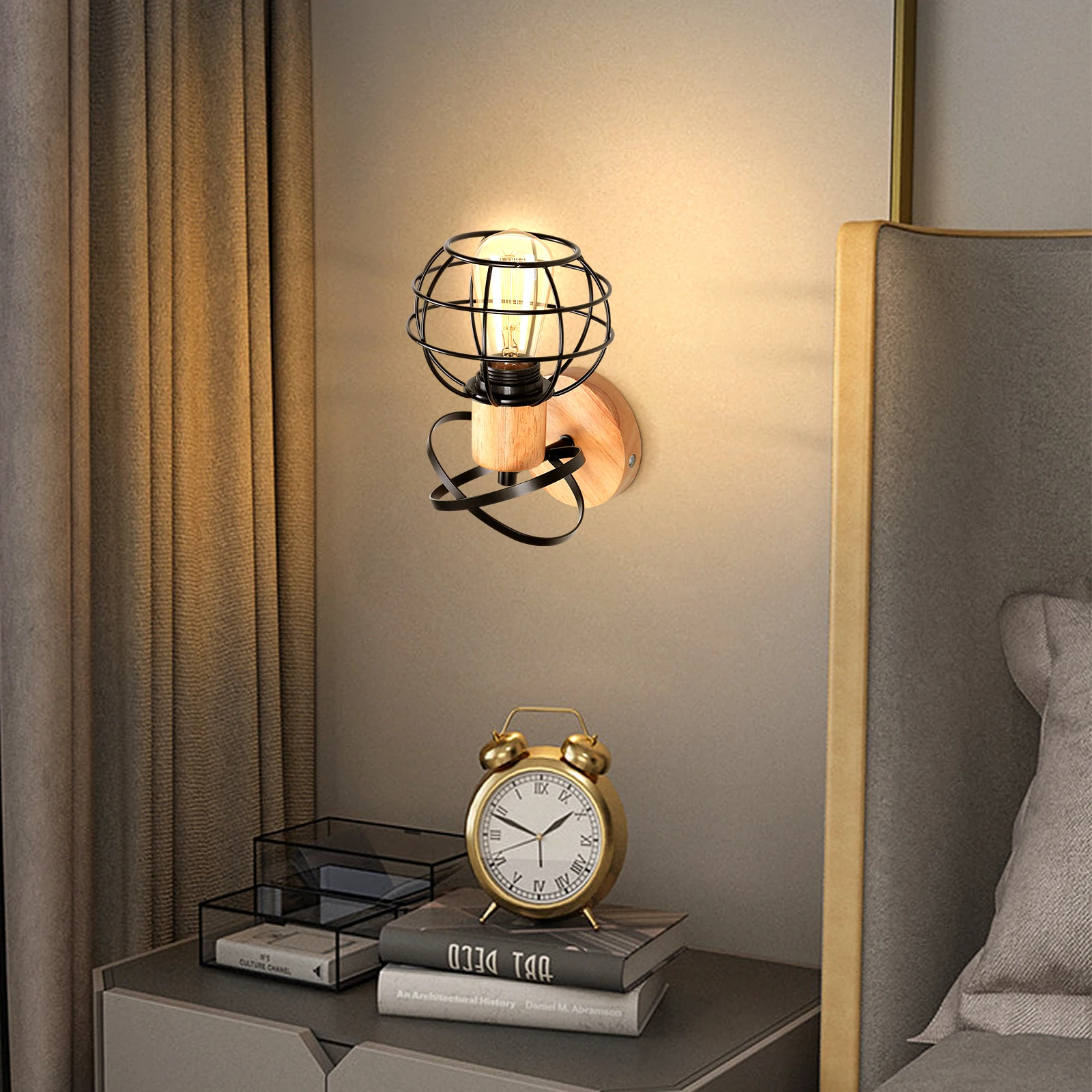 Vintage LED Wall Light Retro Loft Industrial Wall Lamp E27 Wooden Iron Black Cage Lampshade Sconce Indoor Lighting Wandlamp Vintage LED Wall Light Retro Loft Industrial Wall Lamp E27 Wooden Iron Black Cage Lampshade Sconce Indoor Lighting Wandlamp