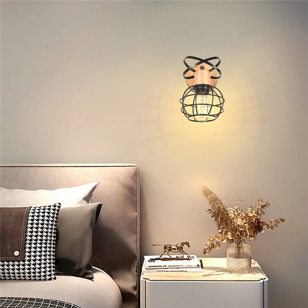 Vintage LED Wall Light Retro Loft Industrial Wall Lamp E27 Wooden Iron Black Cage Lampshade Sconce Indoor Lighting Wandlamp Vintage LED Wall Light Retro Loft Industrial Wall Lamp E27 Wooden Iron Black Cage Lampshade Sconce Indoor Lighting Wandlamp