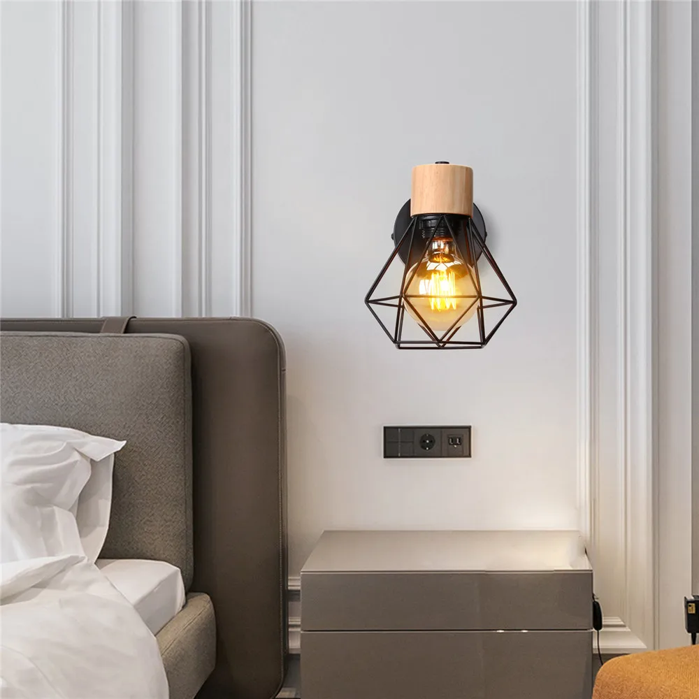 Vintage LED Wall Light Retro Loft Industrial Wall Lamp E27 Wooden Iron Black Cage Lampshade Sconce Indoor Lighting Wandlamp Vintage LED Wall Light Retro Loft Industrial Wall Lamp E27 Wooden Iron Black Cage Lampshade Sconce Indoor Lighting Wandlamp