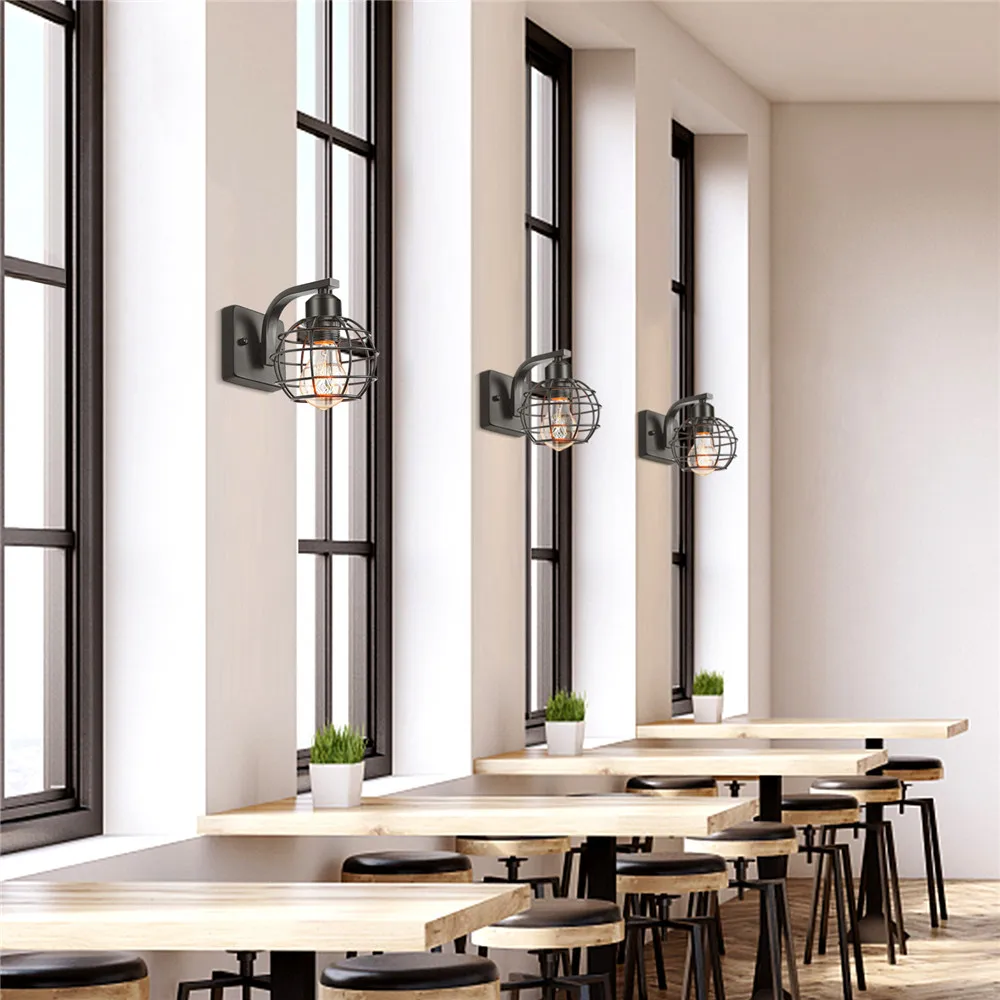 Vintage LED Wall Light Retro Loft Industrial Wall Lamp E27 Wooden Iron Black Cage Lampshade Sconce Indoor Lighting Wandlamp Vintage LED Wall Light Retro Loft Industrial Wall Lamp E27 Wooden Iron Black Cage Lampshade Sconce Indoor Lighting Wandlamp