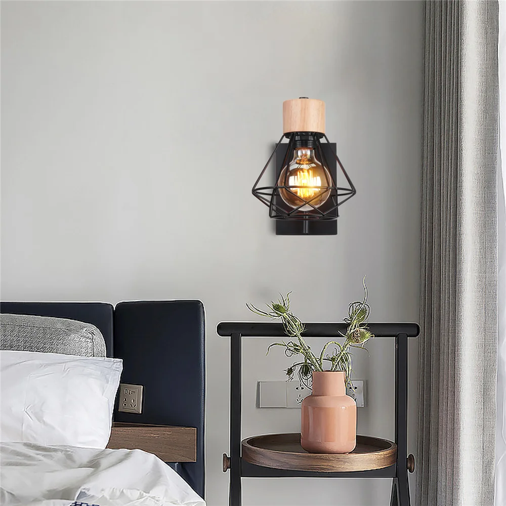 Vintage LED Wall Light Retro Loft Industrial Wall Lamp E27 Wooden Iron Black Cage Lampshade Sconce Indoor Lighting Wandlamp Vintage LED Wall Light Retro Loft Industrial Wall Lamp E27 Wooden Iron Black Cage Lampshade Sconce Indoor Lighting Wandlamp