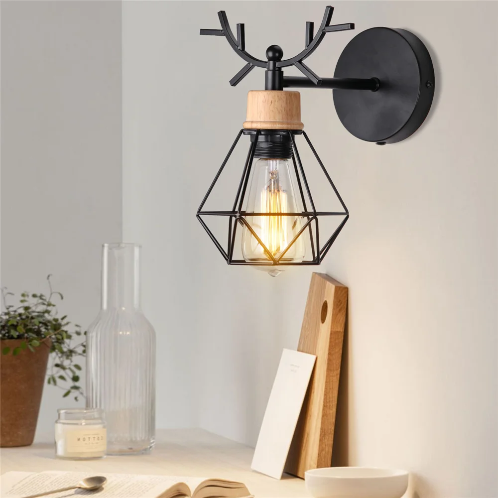 Vintage LED Wall Light Retro Loft Industrial Wall Lamp E27 Wooden Iron Black Cage Lampshade Sconce Indoor Lighting Wandlamp Vintage LED Wall Light Retro Loft Industrial Wall Lamp E27 Wooden Iron Black Cage Lampshade Sconce Indoor Lighting Wandlamp