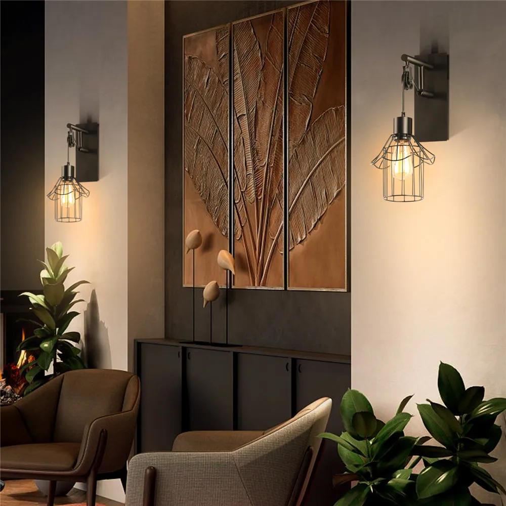 Vintage LED Wall Light Retro Loft Industrial Wall Lamp E27 Wooden Iron Black Cage Lampshade Sconce Indoor Lighting Wandlamp Vintage LED Wall Light Retro Loft Industrial Wall Lamp E27 Wooden Iron Black Cage Lampshade Sconce Indoor Lighting Wandlamp