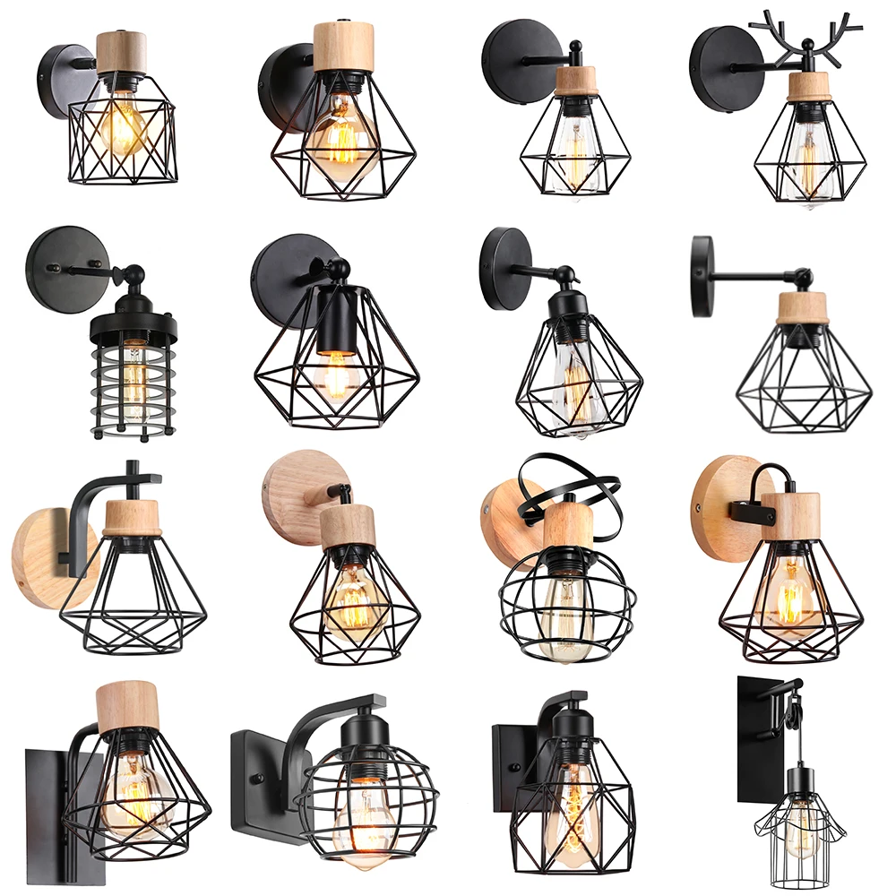 Vintage LED Wall Light Retro Loft Industrial Wall Lamp E27 Wooden Iron Black Cage Lampshade Sconce Indoor Lighting Wandlamp Vintage LED Wall Light Retro Loft Industrial Wall Lamp E27 Wooden Iron Black Cage Lampshade Sconce Indoor Lighting Wandlamp