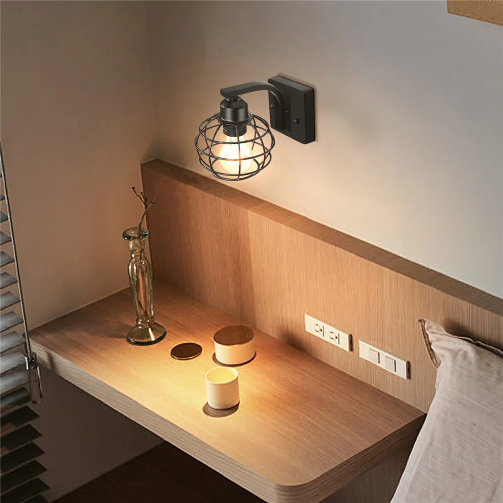 Vintage LED Wall Light Retro Loft Industrial Wall Lamp E27 Wooden Iron Black Cage Lampshade Sconce Indoor Lighting Wandlamp Vintage LED Wall Light Retro Loft Industrial Wall Lamp E27 Wooden Iron Black Cage Lampshade Sconce Indoor Lighting Wandlamp