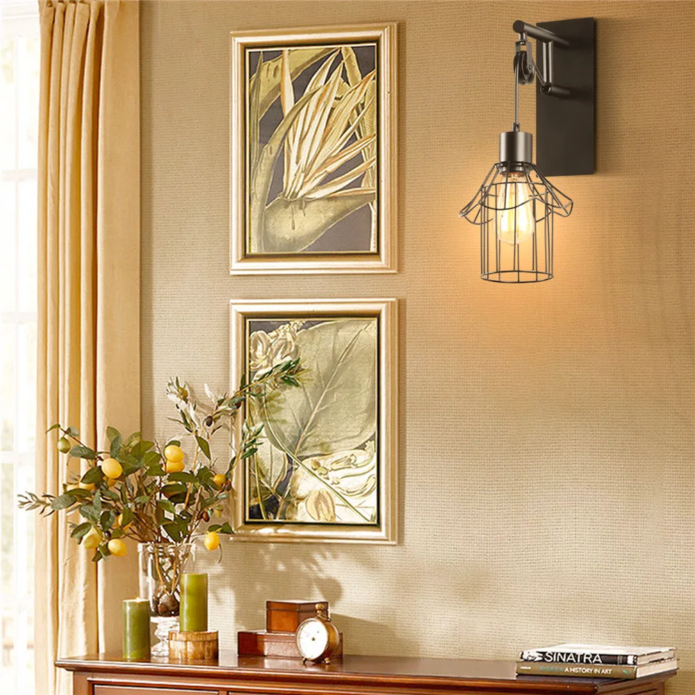 Vintage LED Wall Light Retro Loft Industrial Wall Lamp E27 Wooden Iron Black Cage Lampshade Sconce Indoor Lighting Wandlamp Vintage LED Wall Light Retro Loft Industrial Wall Lamp E27 Wooden Iron Black Cage Lampshade Sconce Indoor Lighting Wandlamp