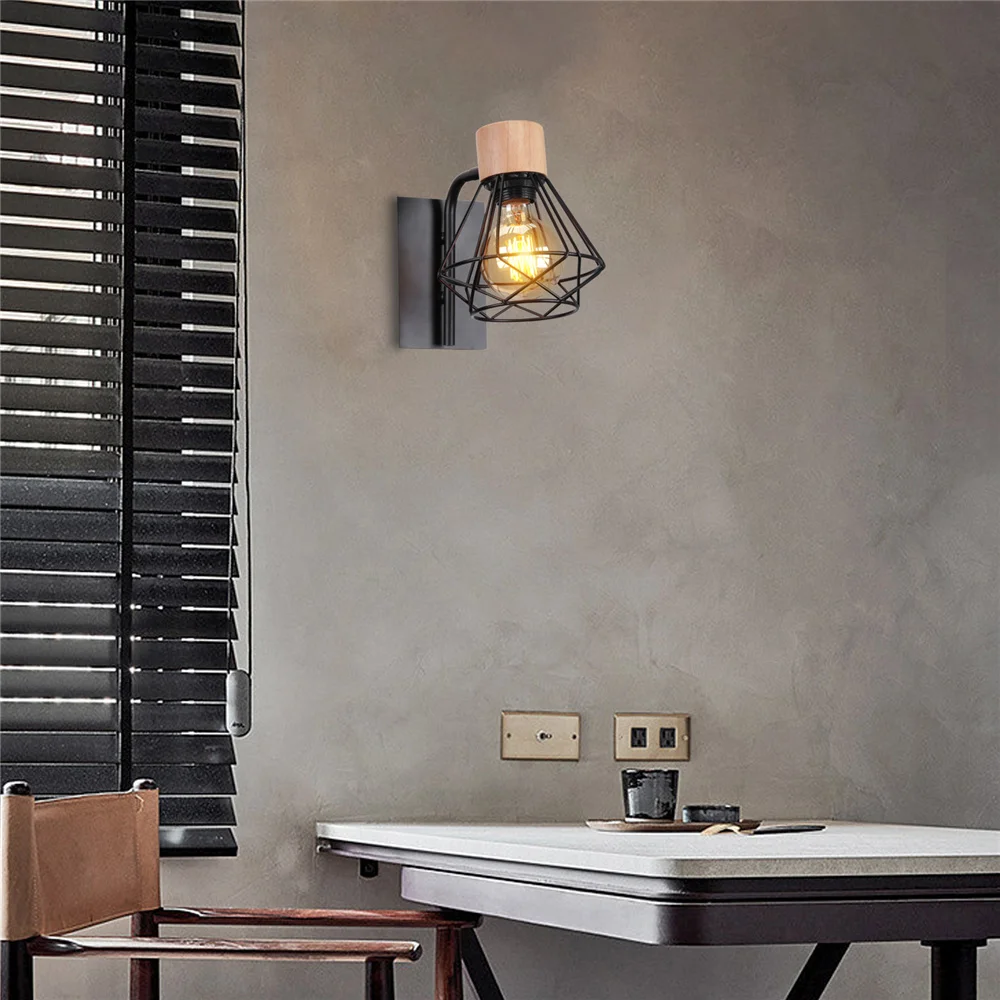 Vintage LED Wall Light Retro Loft Industrial Wall Lamp E27 Wooden Iron Black Cage Lampshade Sconce Indoor Lighting Wandlamp Vintage LED Wall Light Retro Loft Industrial Wall Lamp E27 Wooden Iron Black Cage Lampshade Sconce Indoor Lighting Wandlamp